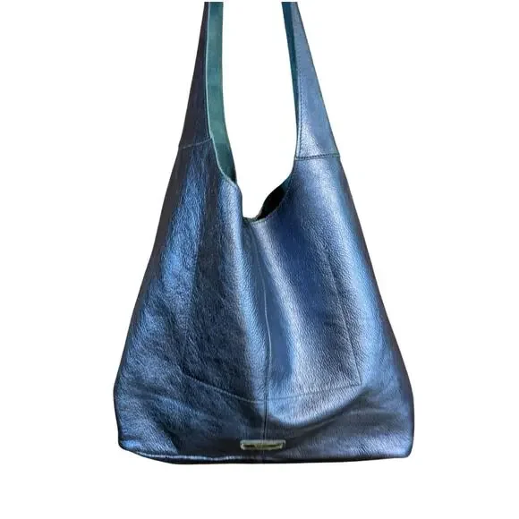 New Sharif Legacy Pearlized Blue Slouchy Leather Hobo with Wristlet - Picture 7 of 10